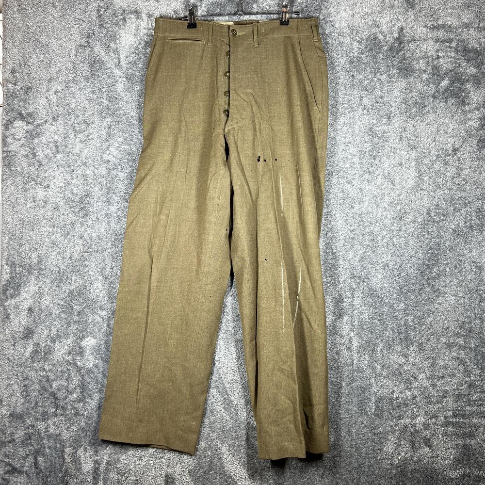 Vintage Pants Mens 31x31 Green Tweed Wool Army WWII Button Fly Lined Straight